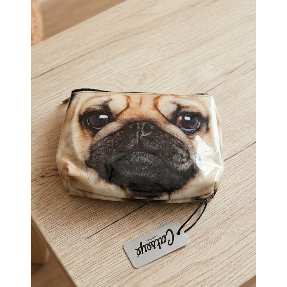 Catseye London Cosmetic Bag Small Pug Dog Face Print Zippered Pouch NEW Kitsch